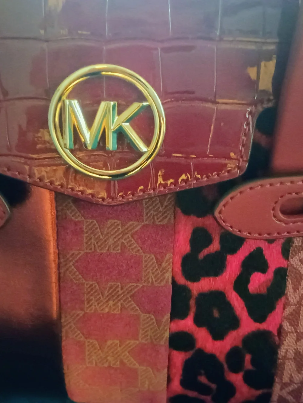 Michael Kors Red Patchwork Logo & Animal Print Satchel